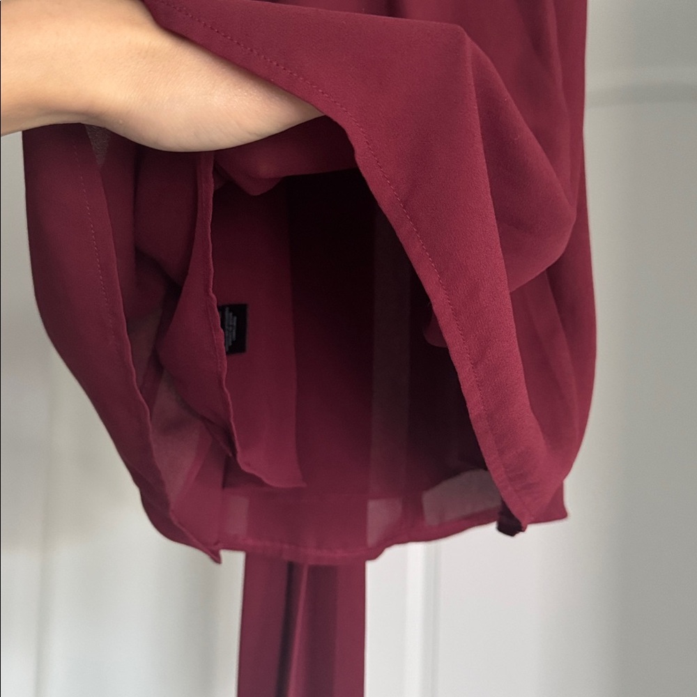 Burgundy Maroon Red Front Tie Sleeveless Work Office Corporate Dress Blouse - Picture 6 of 7